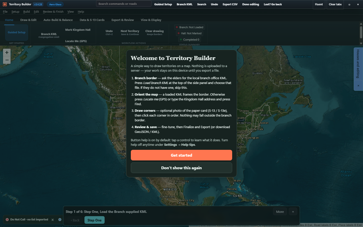 Territory Builder Welcome and Guided Setup Screen